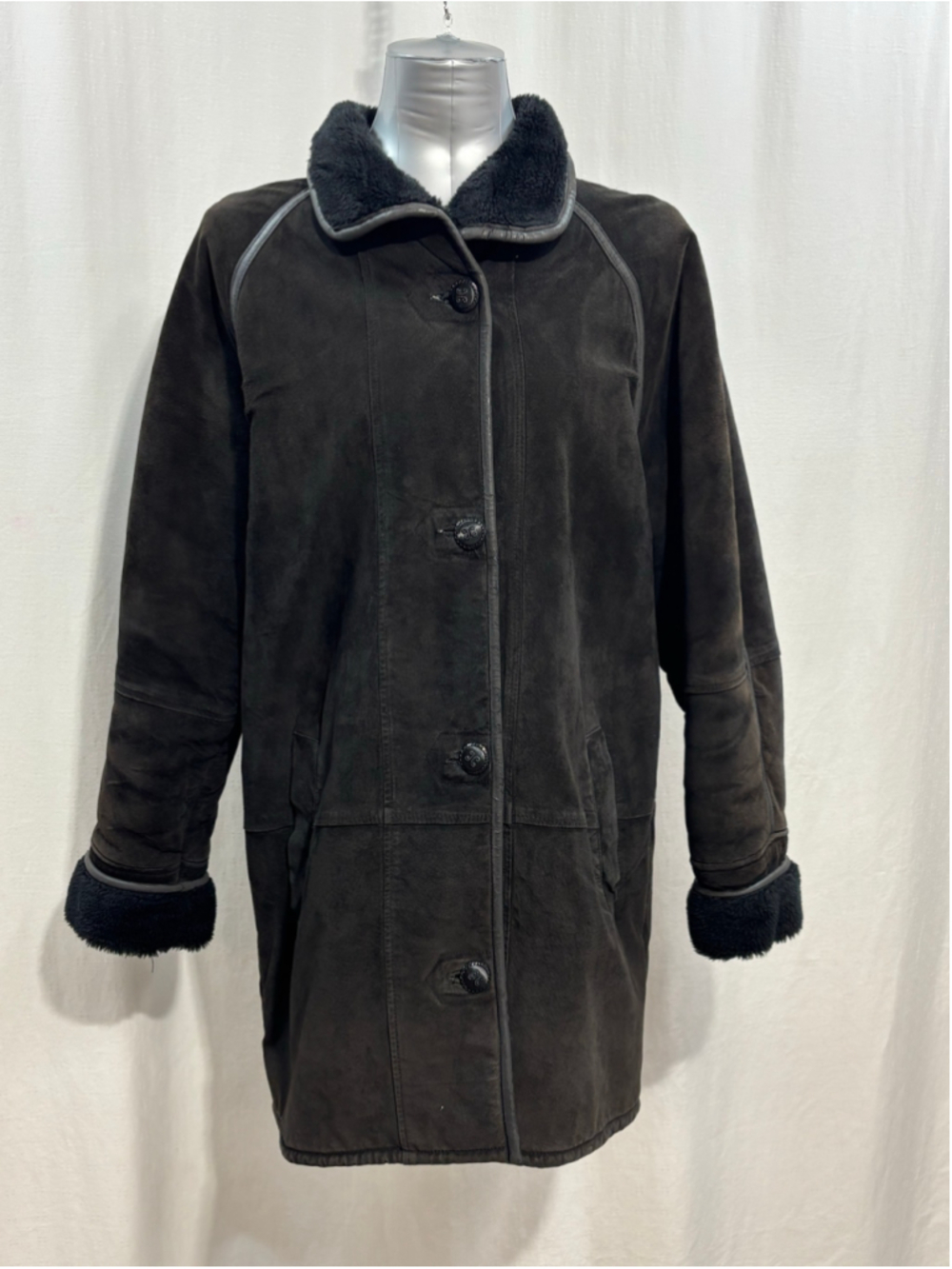 Vintage Cleo Genuine Suede Leather Coat Faux Shearling Trim Brown Large - Picture 2 of 11